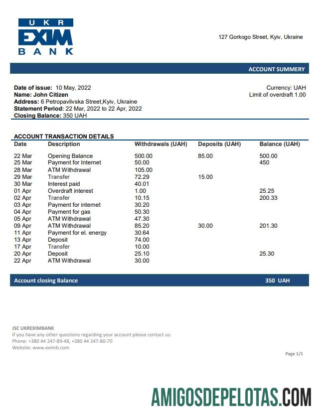 Ukraine Ukreximbank extrato bancário amostra